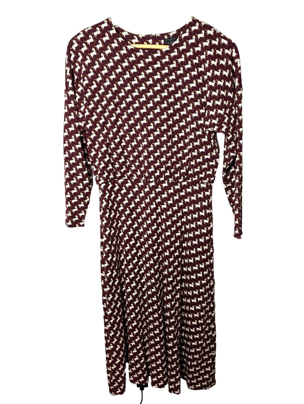 Ann Taylor Horse Print Blouson Midi Dress Burgundy Smoked Garnet Size 10 Petite
